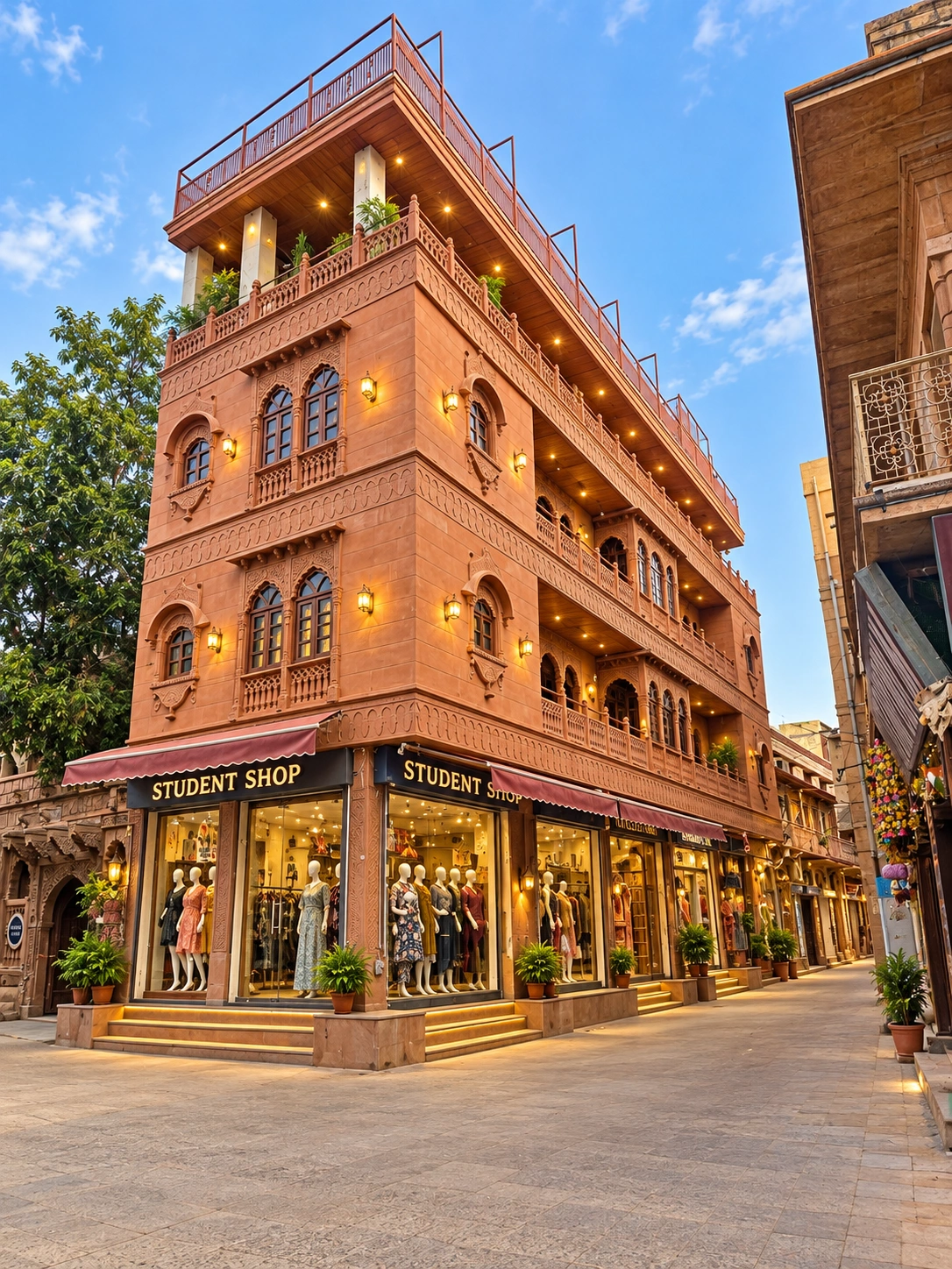 Front facade of The Jhalra Heritage Haveli, showing carved sandstone jharokhas and traditional Jodhpur architecture